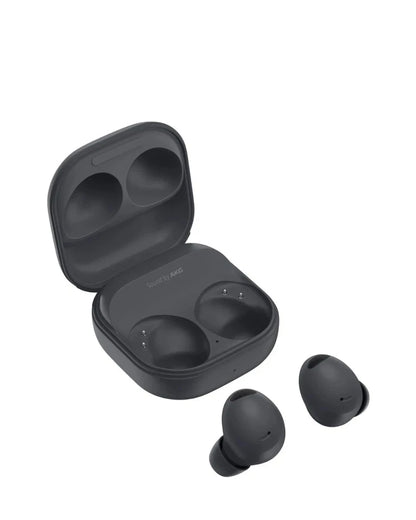 Black wireless earbuds with charging case on a white background