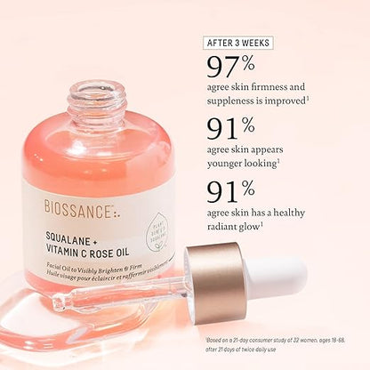 Bottle of Biossance skincare oil with text on skin improvement results.