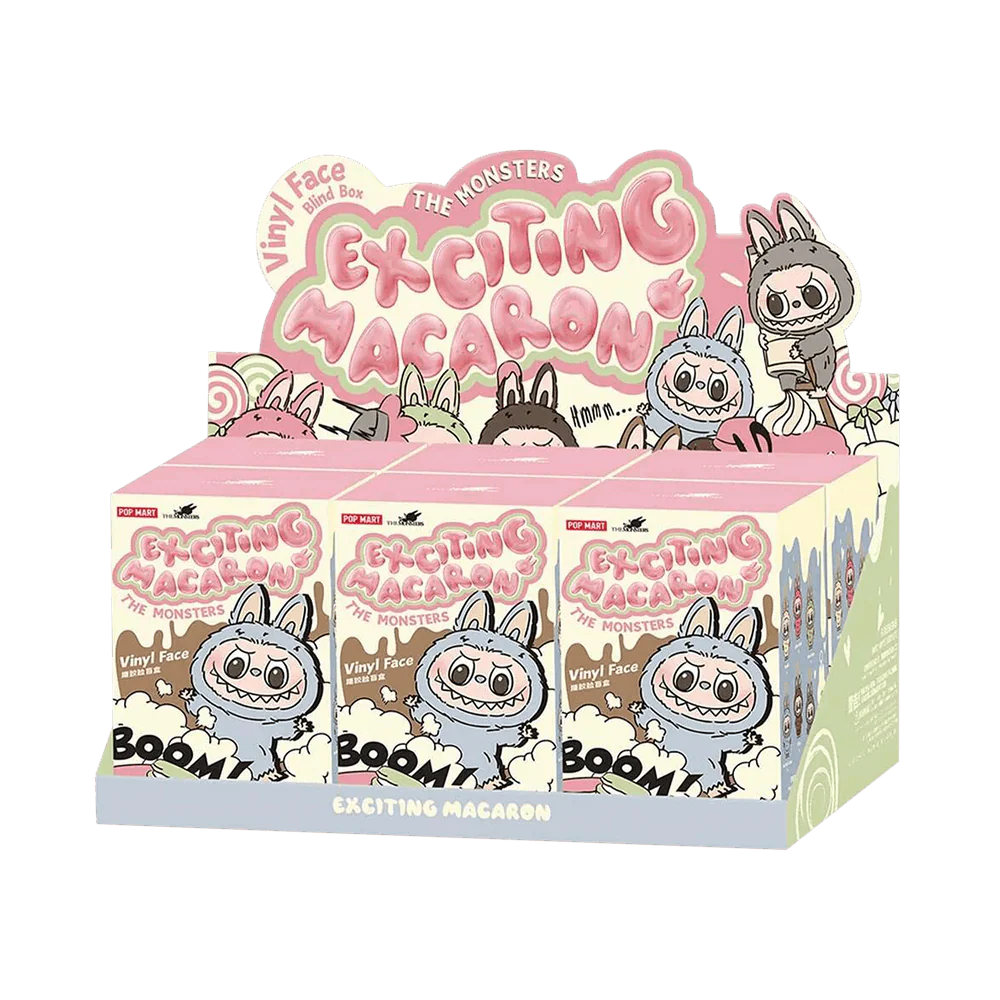 Box of 'Exciting Macaron' with cartoon characters on a white background