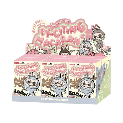 Box of 'Exciting Macaron' with cartoon characters on a white background