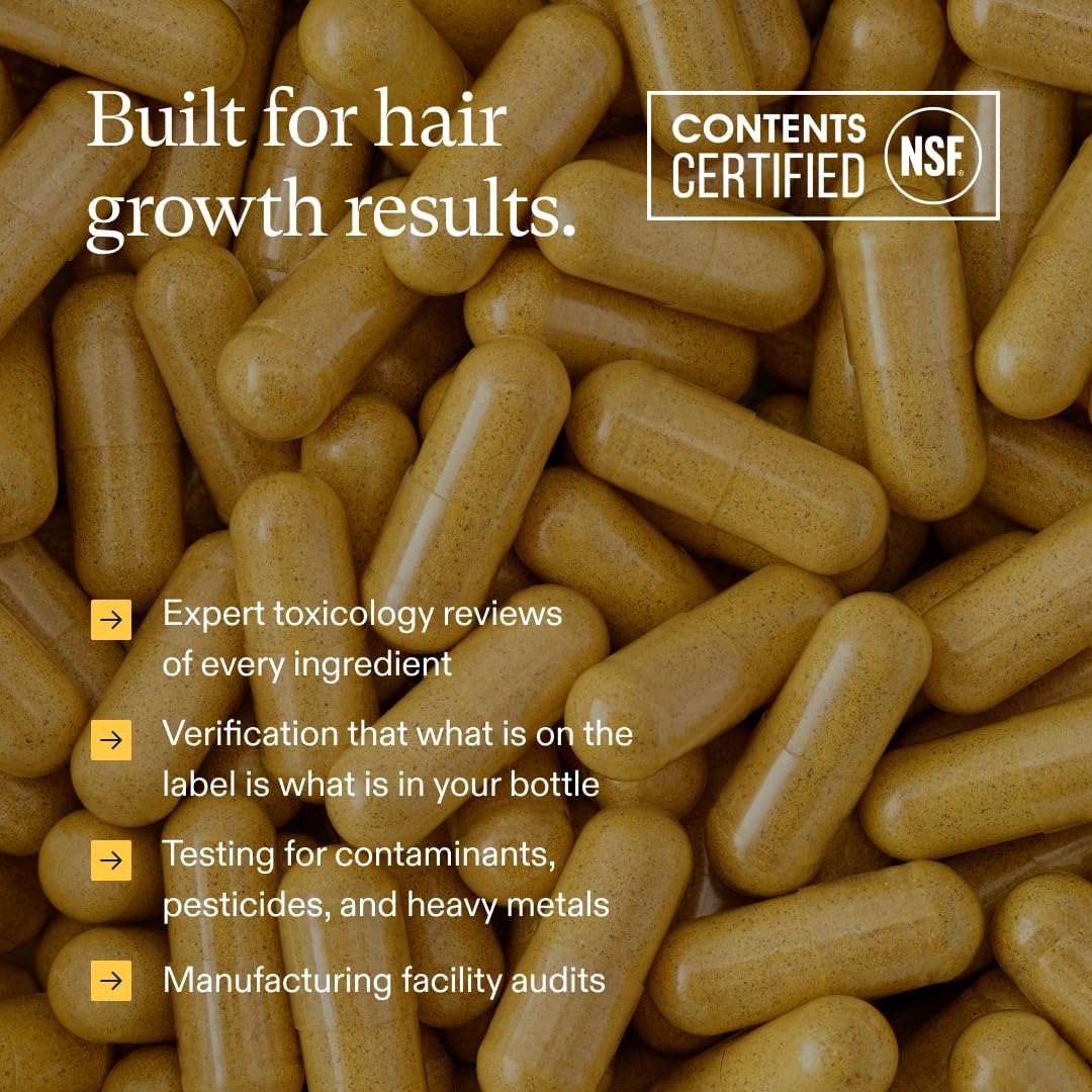 Brown capsules with text about hair growth results and product certification on a dark background