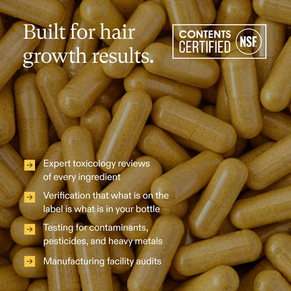 Brown capsules with text about hair growth results and product certification on a dark background
