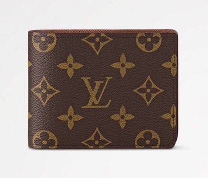 Brown wallet with gold monogram pattern on a white background