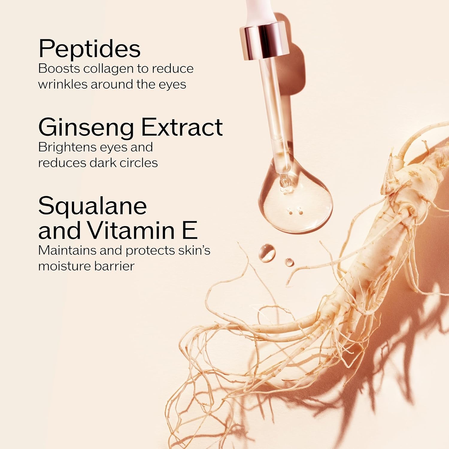 Cosmetic dropper with ginseng extract and text about skincare benefits on a beige background