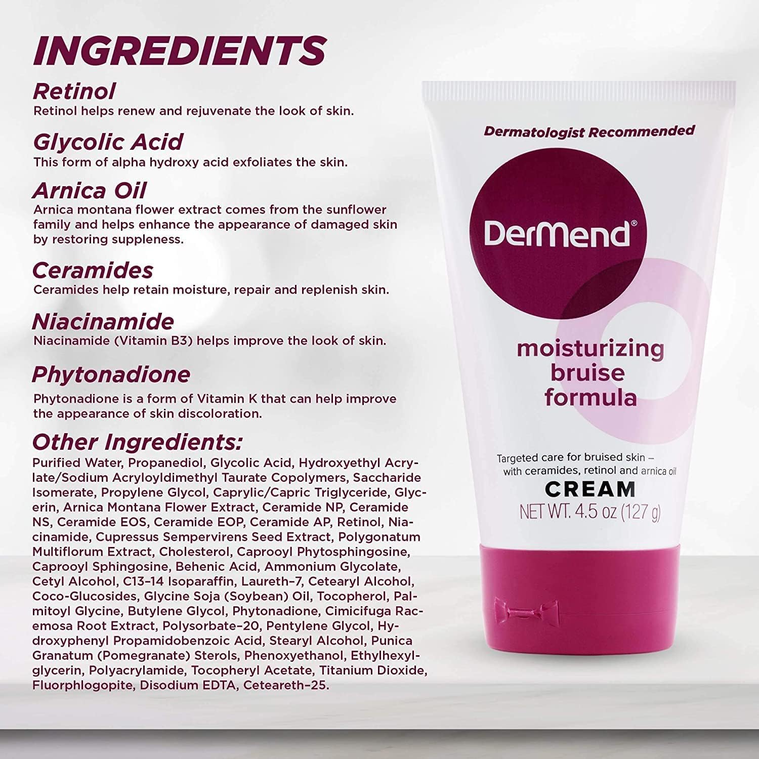 Dermend moisturizing bruise formula cream with ingredient list on a white background