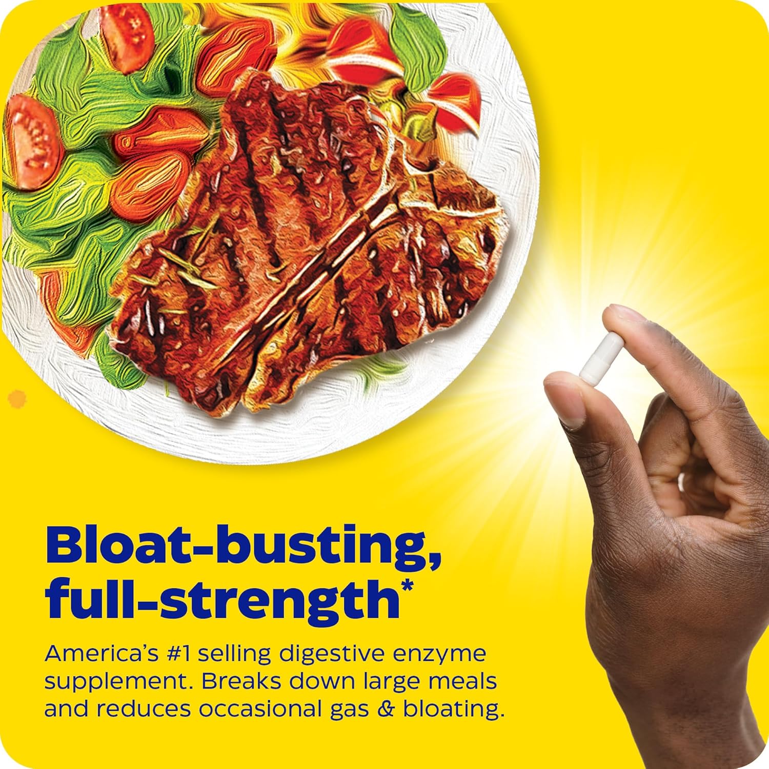 Digestive enzyme supplement advertisement with steak and salad on a yellow background