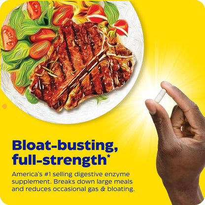 Digestive enzyme supplement advertisement with steak and salad on a yellow background