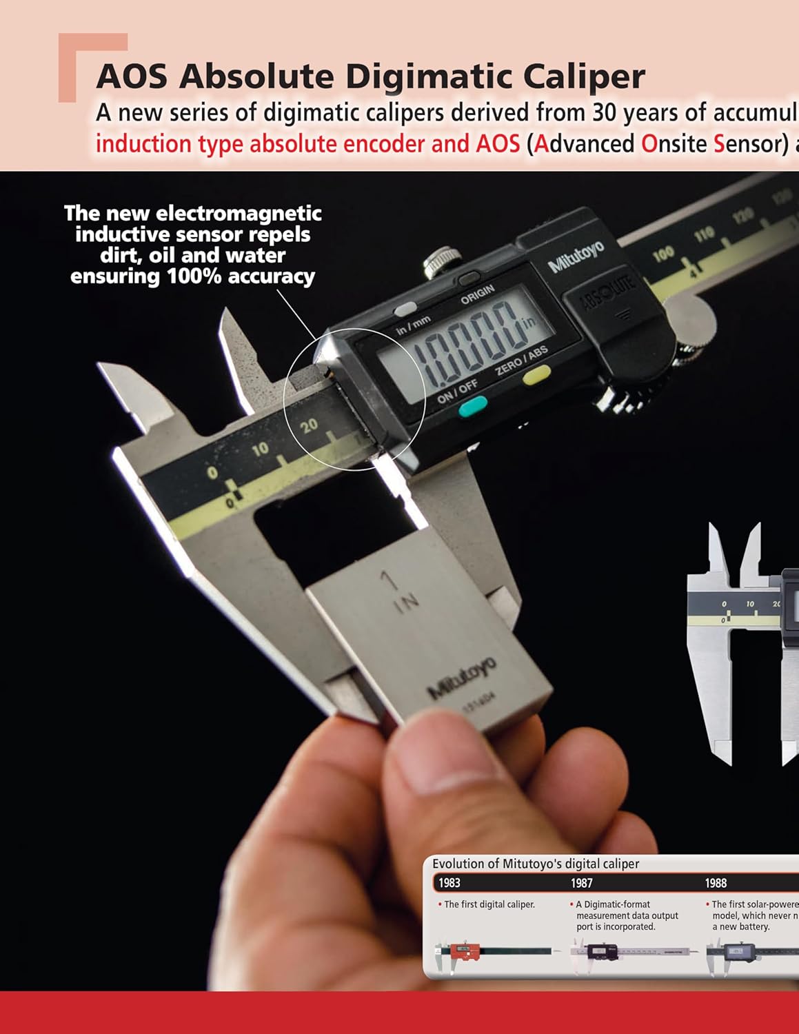 Digital caliper held by a hand with promotional text about AOS Absolute Digimatic Caliper on a black background
