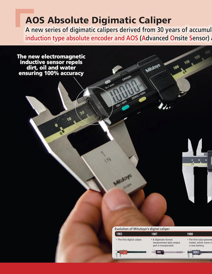 Digital caliper held by a hand with promotional text about AOS Absolute Digimatic Caliper on a black background