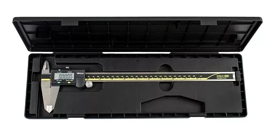 Digital caliper in a black case on a white background