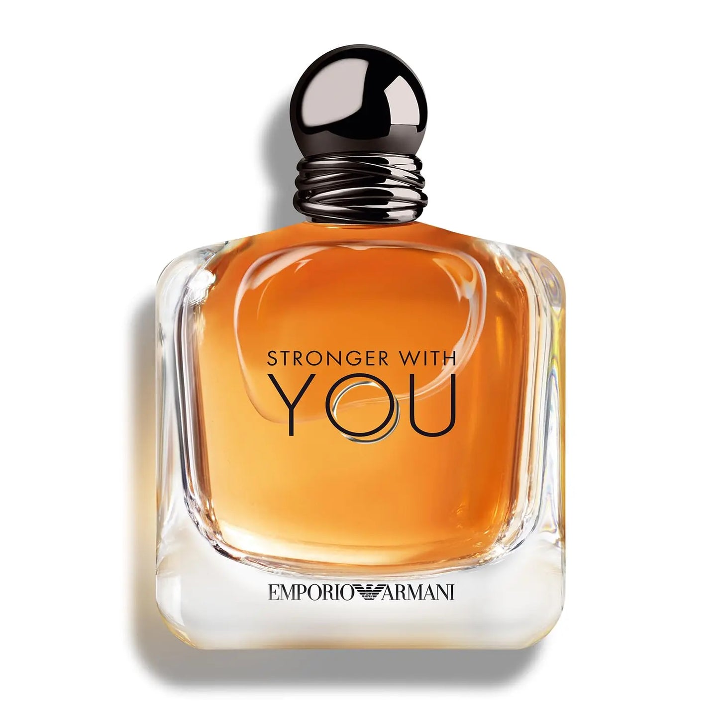 Perfume bottle labeled 'Stronger with You' by Emporio Armani on a white background
