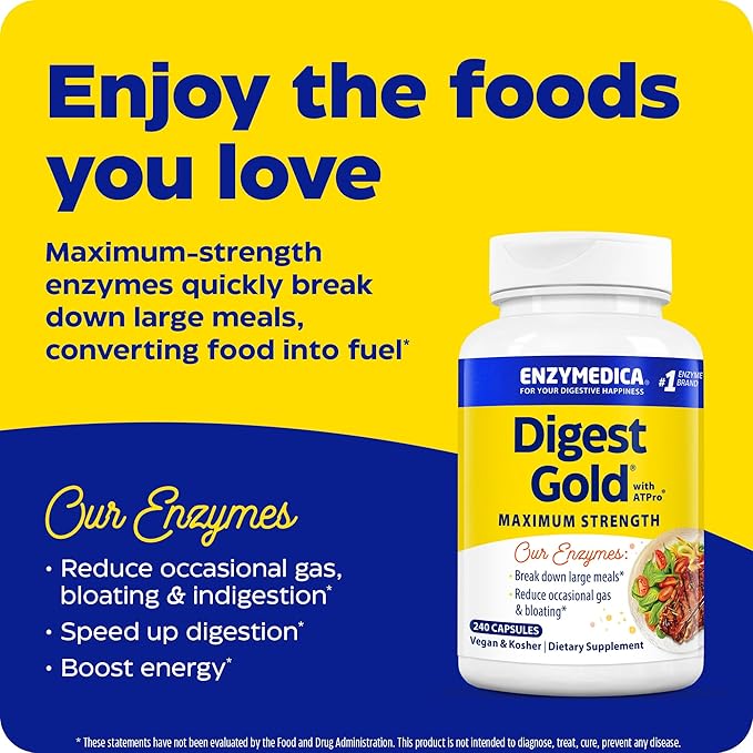 Enzymedica Digest Gold supplement bottle on a yellow and blue background with promotional text.