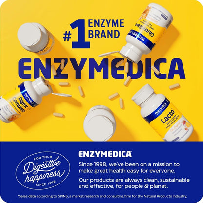 Enzymedica supplement bottles on a yellow background with brand text and logo.