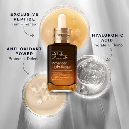 Estée Lauder Advanced Night Repair serum with product and benefits text on a gray background