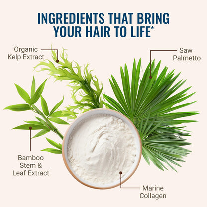 Hair product with labeled ingredients including Organic Kelp Extract, Bamboo Stem & Leaf Extract, Saw Palmetto, and Marine Collagen on a light background.