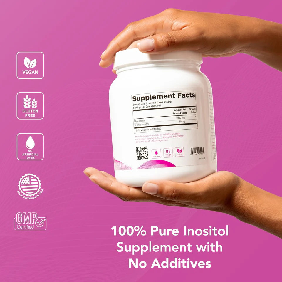 Hand holding a supplement container with '100% Pure Inositol Supplement with No Additives' text on a purple background.