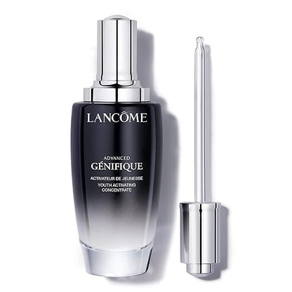 Lancème Advanced Génifique serum bottle with dropper on a white background
