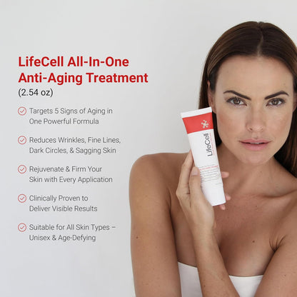 Woman holding a LifeCell anti-aging treatment tube with product details on a white background