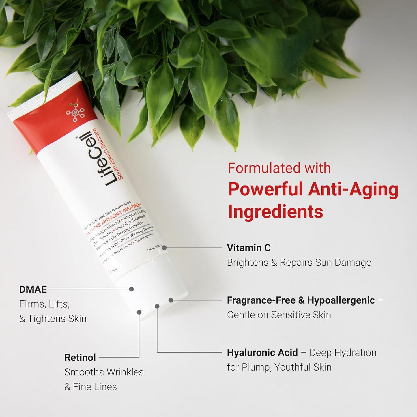 Skincare product with anti-aging ingredients listed on a white background with green leaves.