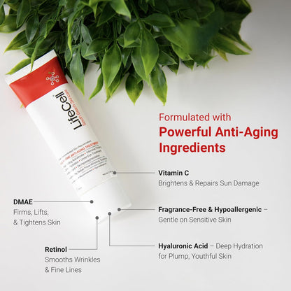 Skincare product with anti-aging ingredients listed on a white background with green leaves.
