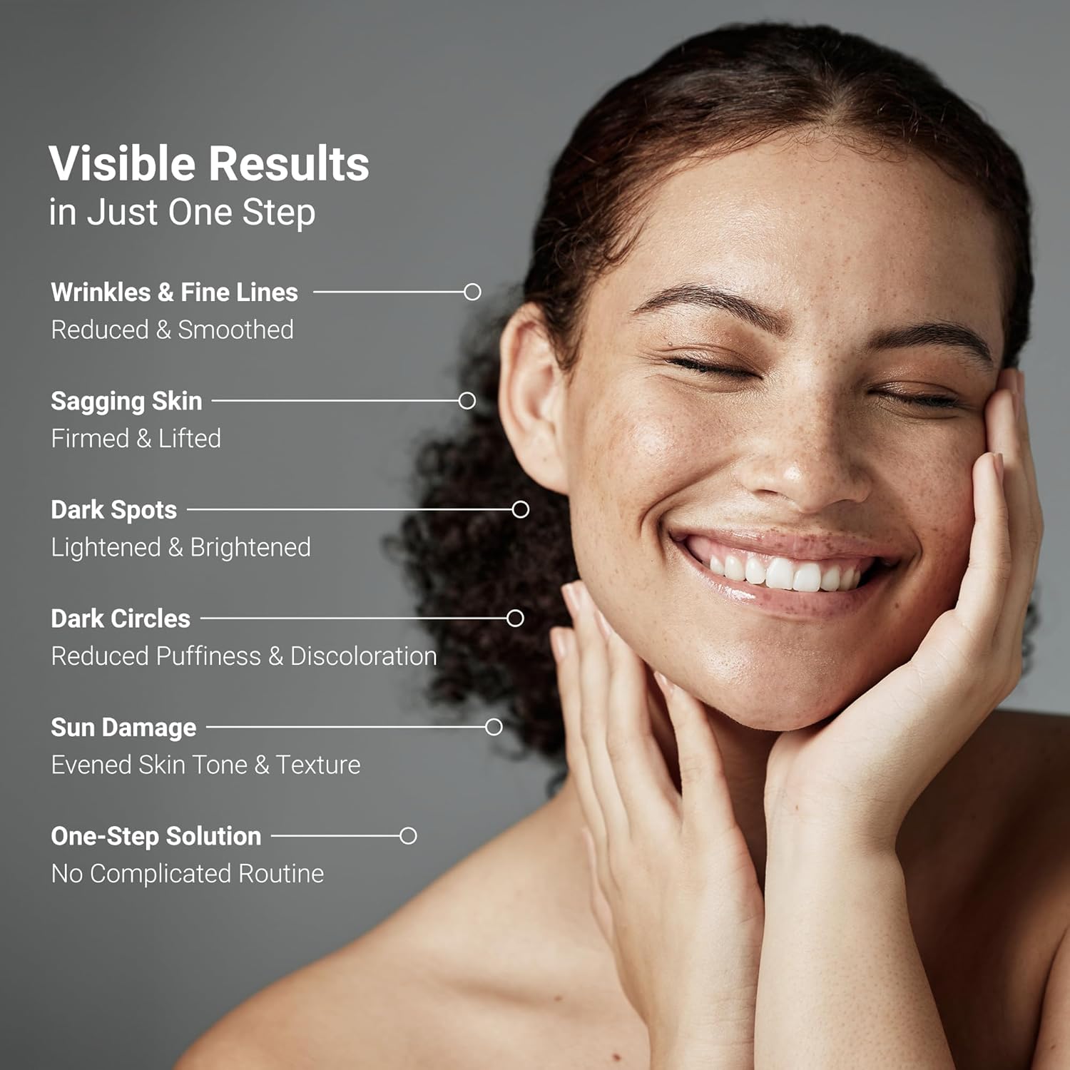 Woman with a radiant smile showing visible skin improvement, with text detailing skincare benefits.