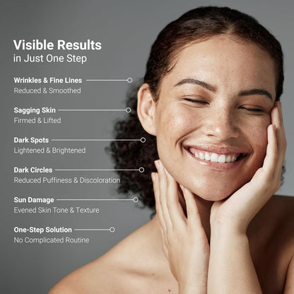 Woman with a radiant smile showing visible skin improvement, with text detailing skincare benefits.