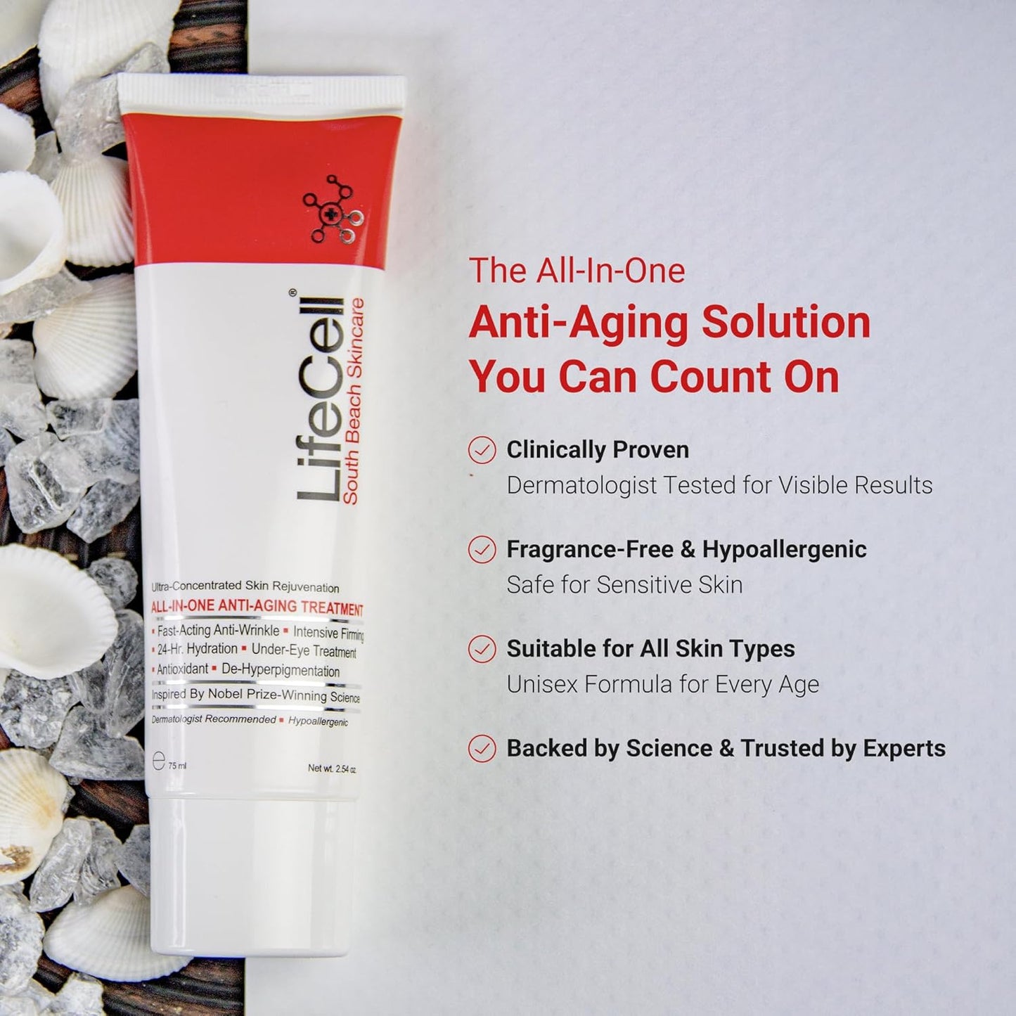 LifeCell anti-aging skincare treatment with product packaging and promotional text on a white background.