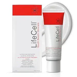 LifeCell All-In-One Anti-Aging Cream 2.54 oz packaging with product tube and cream texture.