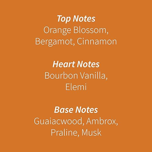 List of top, heart, and base notes on an orange background