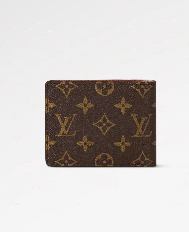 Louis Vuitton wallet with monogram pattern on a white background