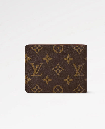 Louis Vuitton wallet with monogram pattern on a white background