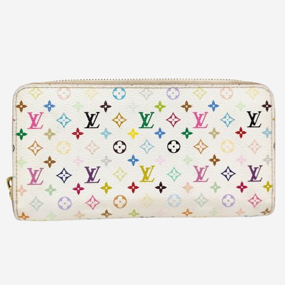 Louis Vuitton wallet with multicolor monogram pattern on a white background