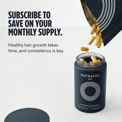 Nutrafol Men's hair growth supplement container with capsules being poured in, on a light gray background.
