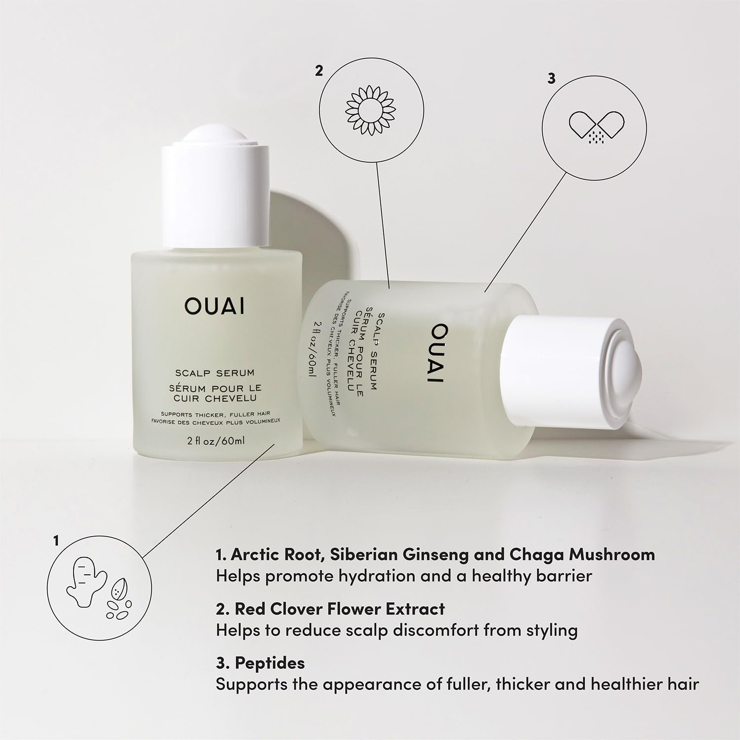 OUAI scalp serum bottles with product details on a light gray background