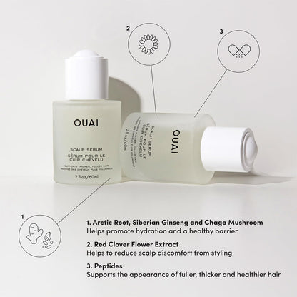 OUAI scalp serum bottles with product details on a light gray background