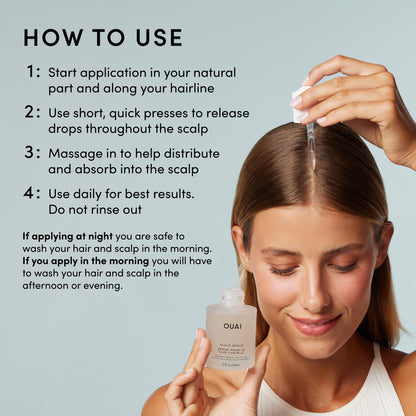 Woman applying hair product with OUAI bottle, text on how to use product.