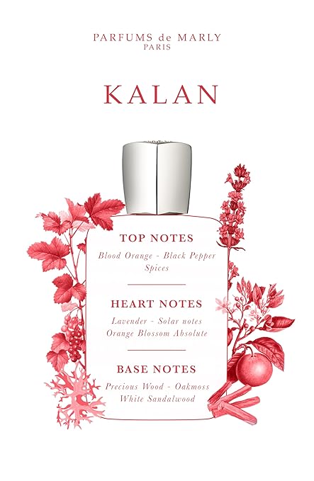 Parfums de Marly Kalan perfume packaging with floral design and notes listed.