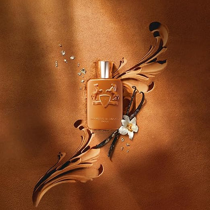 Perfume bottle with decorative elements on a brown background