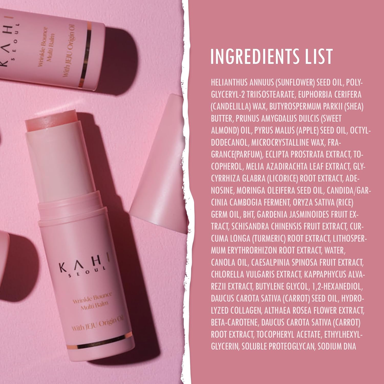 Pink skincare product with ingredients list on a pink background