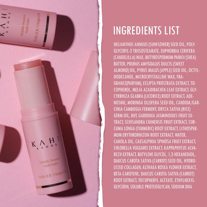 Pink skincare product with ingredients list on a pink background