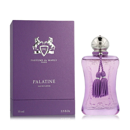 Purple Parfums de Marly Palatine perfume bottle with matching box on a white background