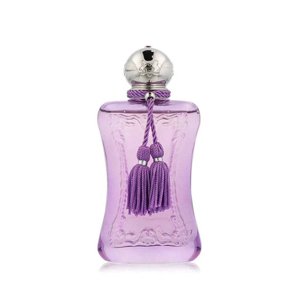 Purple perfume bottle with a silver cap and purple tassels on a white background