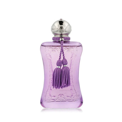 Purple perfume bottle with a silver cap and purple tassels on a white background
