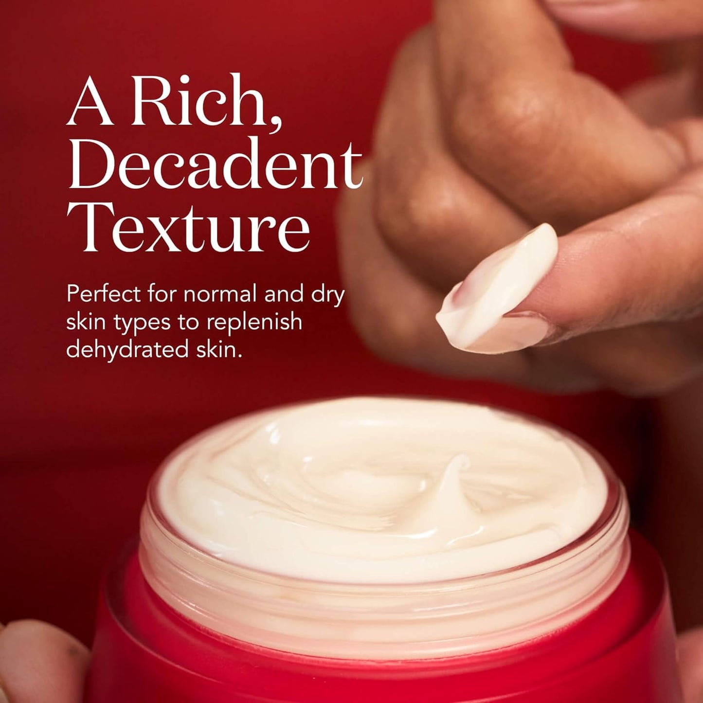 Red jar of cream with a hand applying it, text about texture and skin types.
