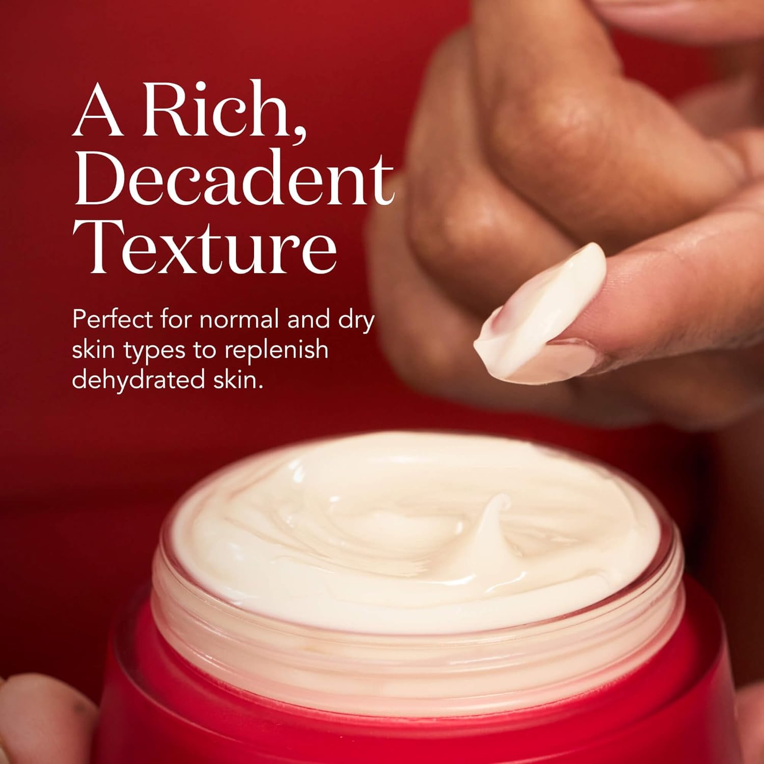 Red jar of cream with a hand applying it, text about texture and skin types.