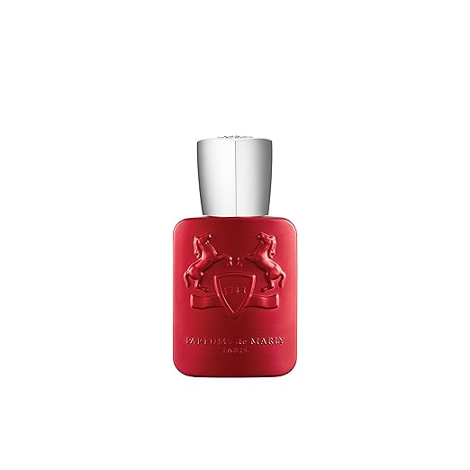 Red perfume bottle with silver cap on a white background