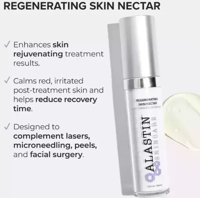 Alastin regenerating skin nectar bottle with product benefits text on a white background