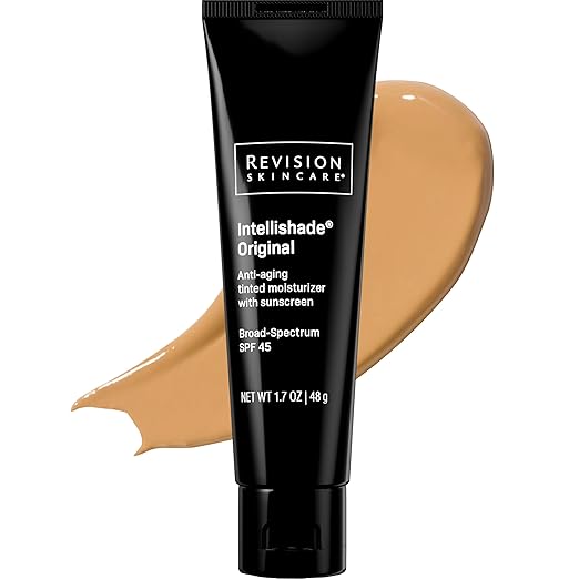 Revision Intellishade Original SPF 45 tinted moisturizer tube with beige tint smear