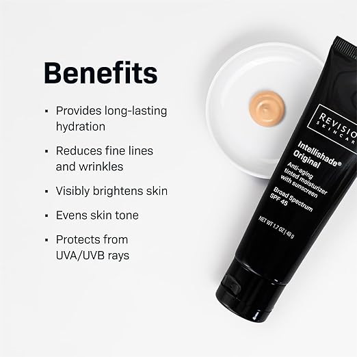 Revision Intellishade Original SPF 45 benefits and texture demonstration on white background