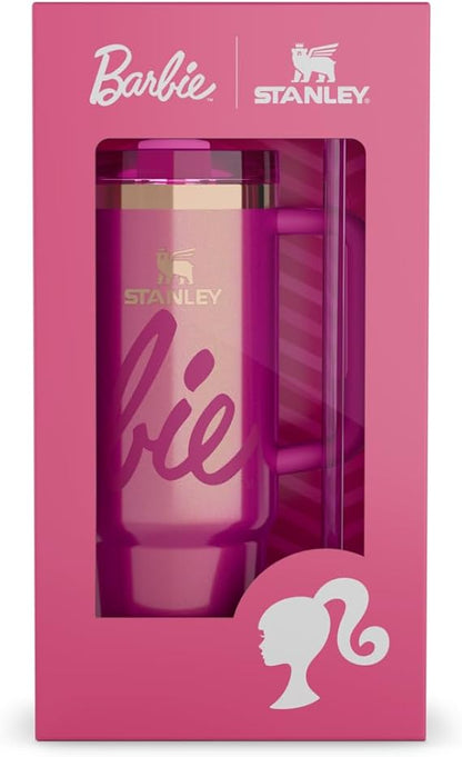 Barbie x Stanley water bottle in pink packaging with visible branding.